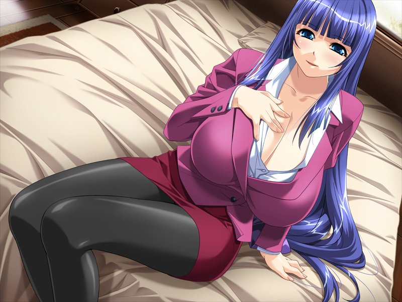 ino (magloid), fuutou shizune, oshioki sweetie, game cg, 1girl, blazer, blue eyes, blue hair, breasts, business suit, cleavage, female focus, formal clothes, huge breasts, jacket, long hair, matching hair/eyes, miniskirt, pantyhose, pencil skirt, sitting, skirt, skirt suit, solo, suit