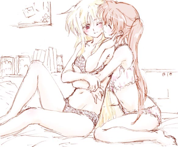 fate testarossa, takamachi nanoha, lyrical nanoha, mahou shoujo lyrical nanoha, mahou shoujo lyrical nanoha strikers, non-web source, 00s, 2girls, bed, bra, hug, lingerie, monochrome, multiple girls, panties, sketch, underwear, underwear only, yuri