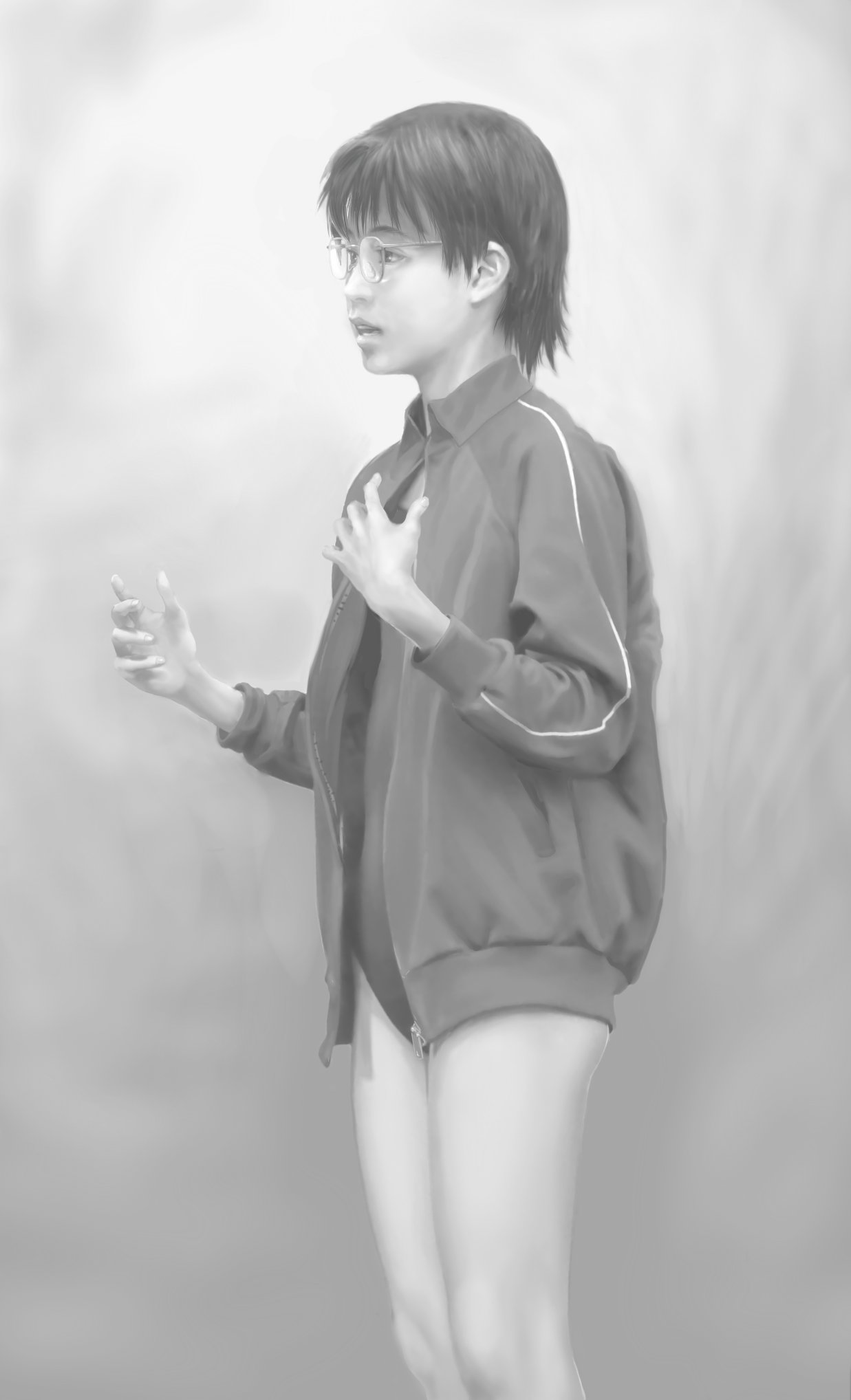 muyaa, nyororiso (muyaa), okonogi yuuko, dennou coil, bad id, bad pixiv id, highres, 00s, 1girl, female focus, glasses, greyscale, monochrome, one-piece swimsuit, realistic, solo, swimsuit