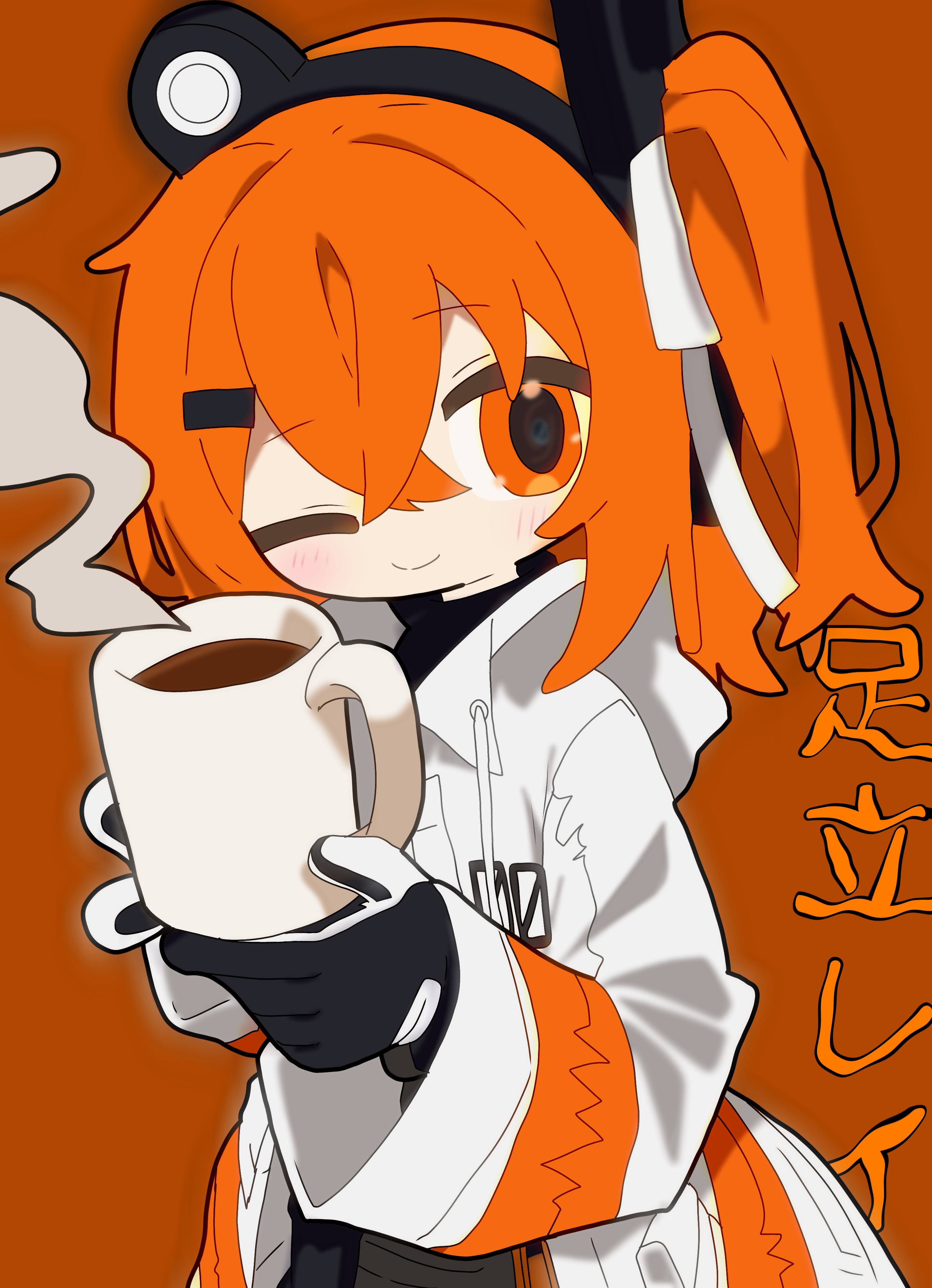 adachi rei, utau, absurdres, highres, black shirt, coffee, coffee mug, cup, headlamp, headset, holding, holding cup, jacket, lens eye, mug, one eye closed, one side up, open clothes, open jacket, orange background, orange eyes, orange hair, ribbon, shirt, simple background, sound wave, steaming cup, user fhef2327, white jacket, white ribbon