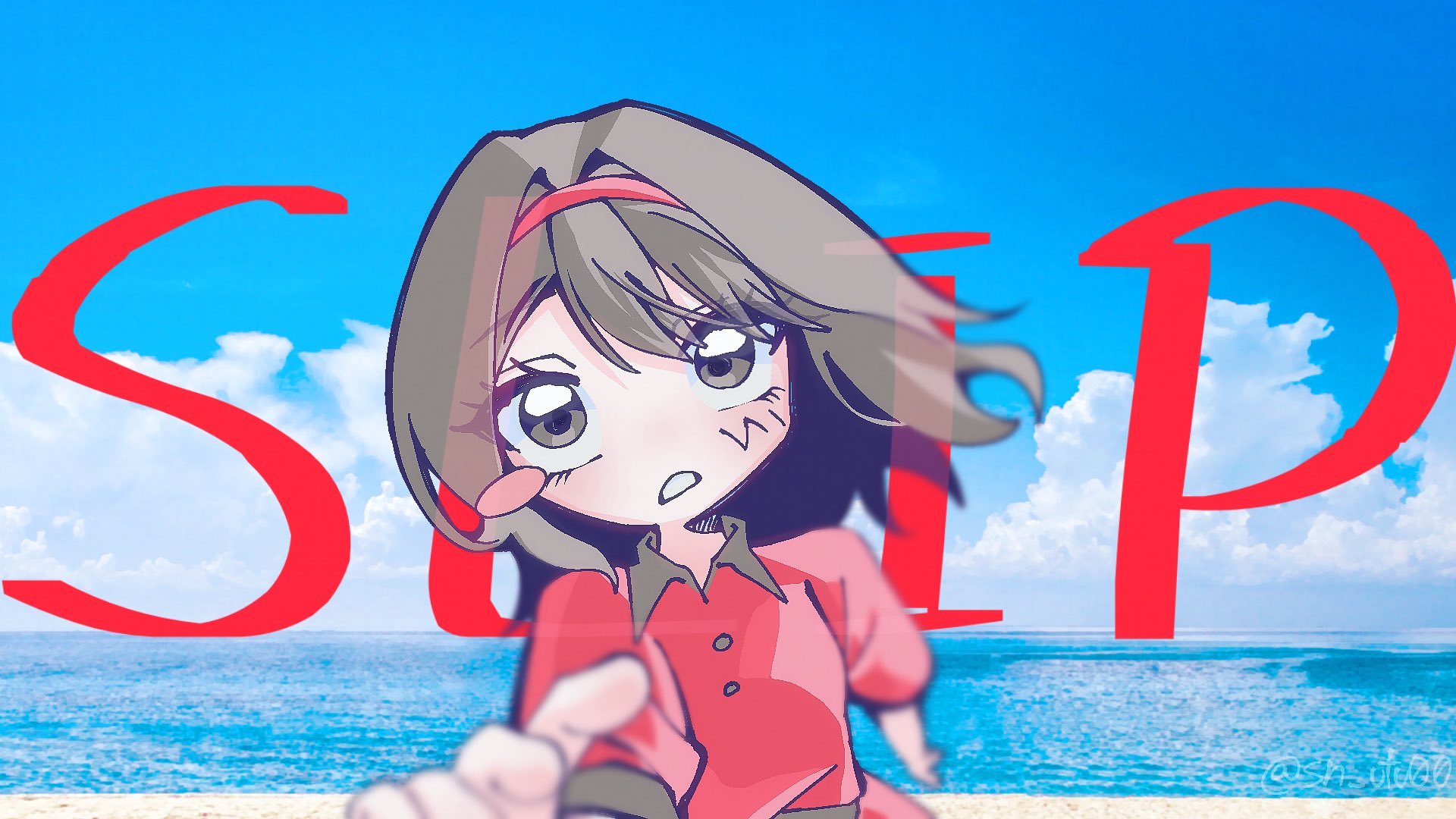 sn (sn utu00), iyowa girls, character request, highres, 1girl, blush stickers, brown hair, cloud, day, dress, hairband, looking at viewer, medium hair, ocean, outdoors, parted lips, red dress, red hairband, short sleeves, single blush sticker, solo, upper body