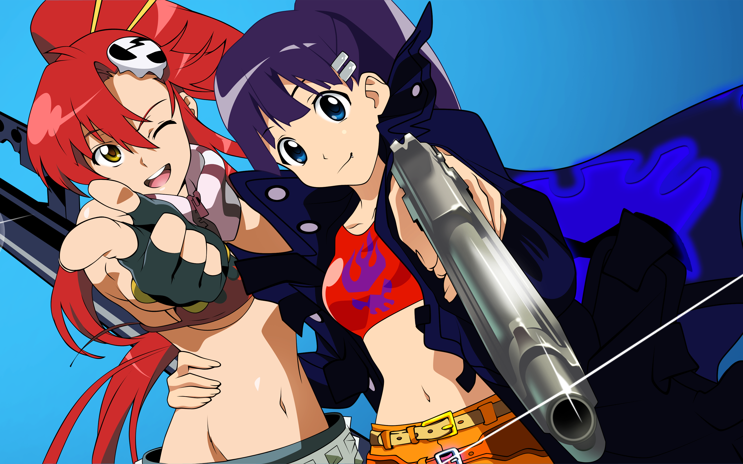 kiyal bachika, yoko littner, tengen toppa gurren lagann, derivative work, highres, non-web source, vector trace, 00s, 2girls, belt, beretta 92, bikini, bikini top only, blue eyes, fang, fingerless gloves, gloves, gun, hair ornament, handgun, jacket, midriff, multiple girls, one eye closed, pistol, ponytail, purple hair, red hair, scarf, shorts, swimsuit, weapon, wink, yellow eyes