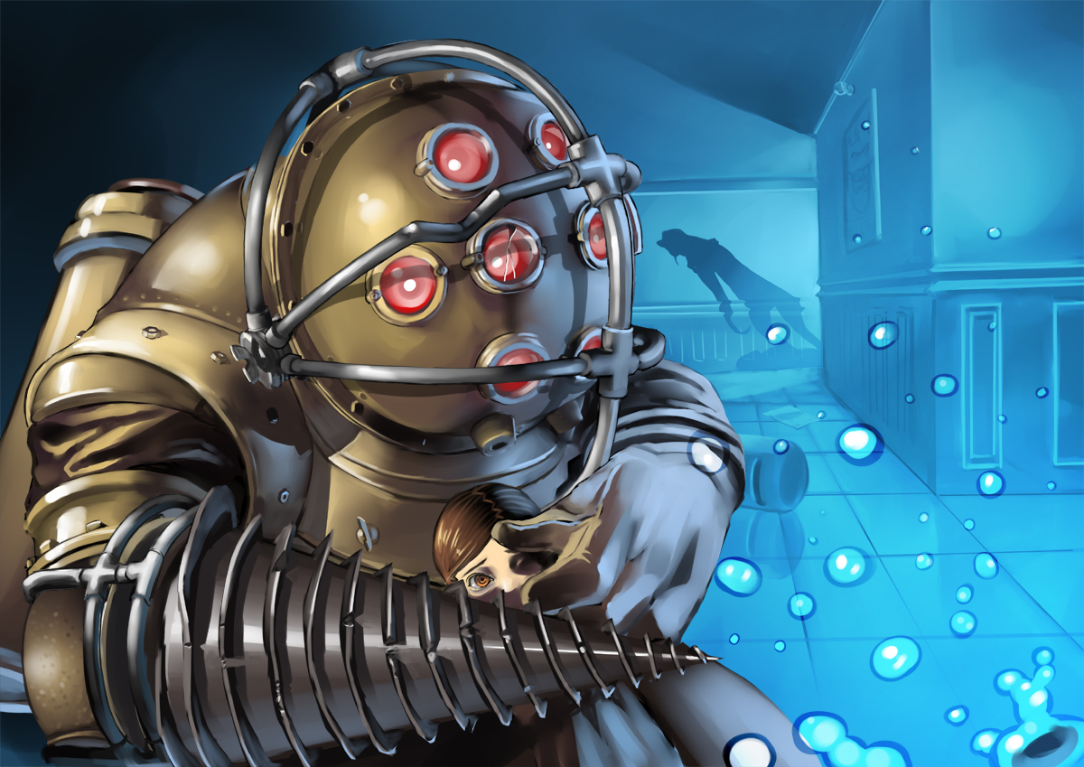 ryao, big daddy (bioshock), little sister (bioshock), bioshock, bioshock (series), bioshock 1, 1girl, asymmetrical clothes, bodysuit, brown hair, crack, cracked glass, diving suit, drill, dust, gloves, helmet, indoors, protecting, short hair, size difference