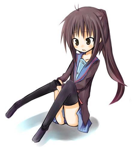 amakaze sora, kyon, kyonko, suzumiya haruhi no yuuutsu, bad id, bad pixiv id, lowres, 00s, 1girl, black thighhighs, female focus, full body, genderswap, genderswap (mtf), ponytail, school uniform, solo, thighhighs