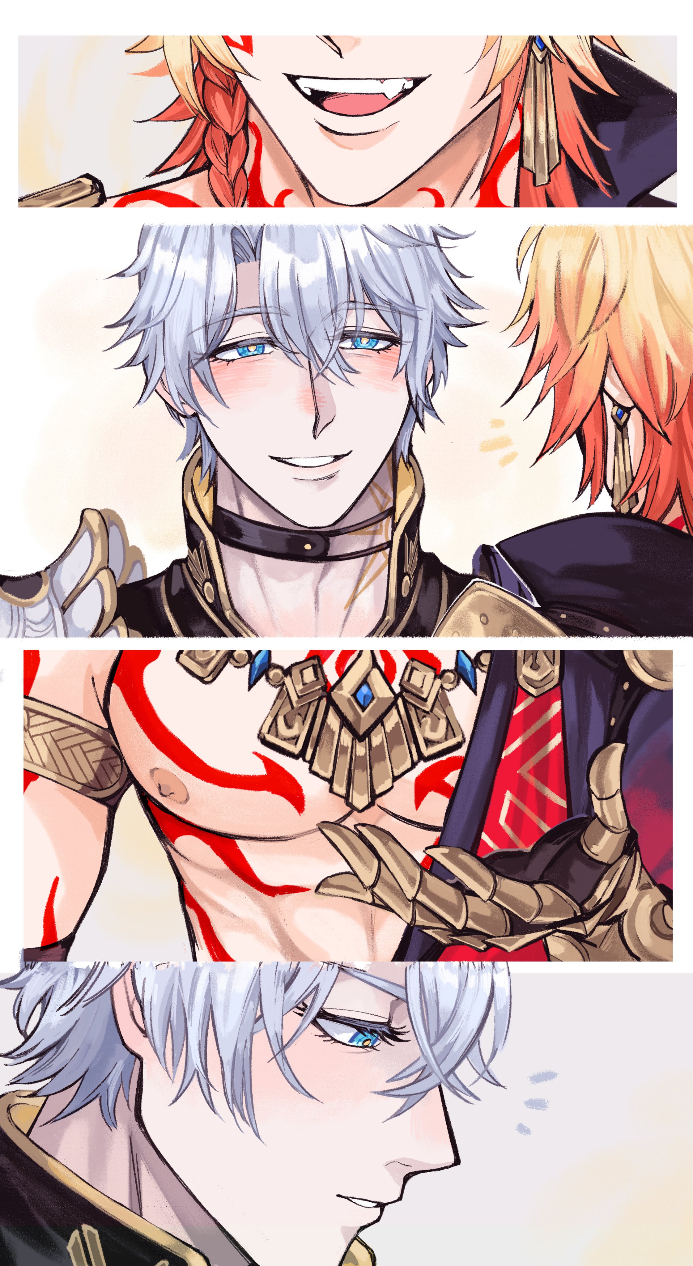 soursoppi, mydei (honkai: star rail), phainon (honkai: star rail), honkai: star rail, honkai (series), absurdres, commentary, english commentary, highres, 2boys, arm tattoo, armor, black choker, black coat, black gloves, black shirt, blonde hair, blue eyes, blush, braid, chest tattoo, choker, clawed gauntlets, coat, earrings, facial tattoo, fingerless gloves, gloves, gold earrings, gold necklace, gradient hair, hair between eyes, jewelry, male focus, medium hair, multicolored hair, multiple boys, neck tattoo, necklace, notice lines, open clothes, open coat, parted bangs, pauldrons, red hair, red tattoo, shirt, short hair, shoulder armor, side braid, single glove, single pauldron, sun symbol, sun tattoo, tan, tattoo, white hair, yaoi, yellow eyes