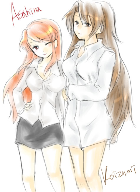 asahina mikuru, asahina mikuru (adult), koizumi itsuki, koizumi itsuki (female), suzumiya haruhi no yuuutsu, gender request, non-web source, 00s, 2girls, aged up, brown hair, genderswap, long hair, multiple girls, one eye closed, orange hair, pencil skirt, shirt, skirt, wink
