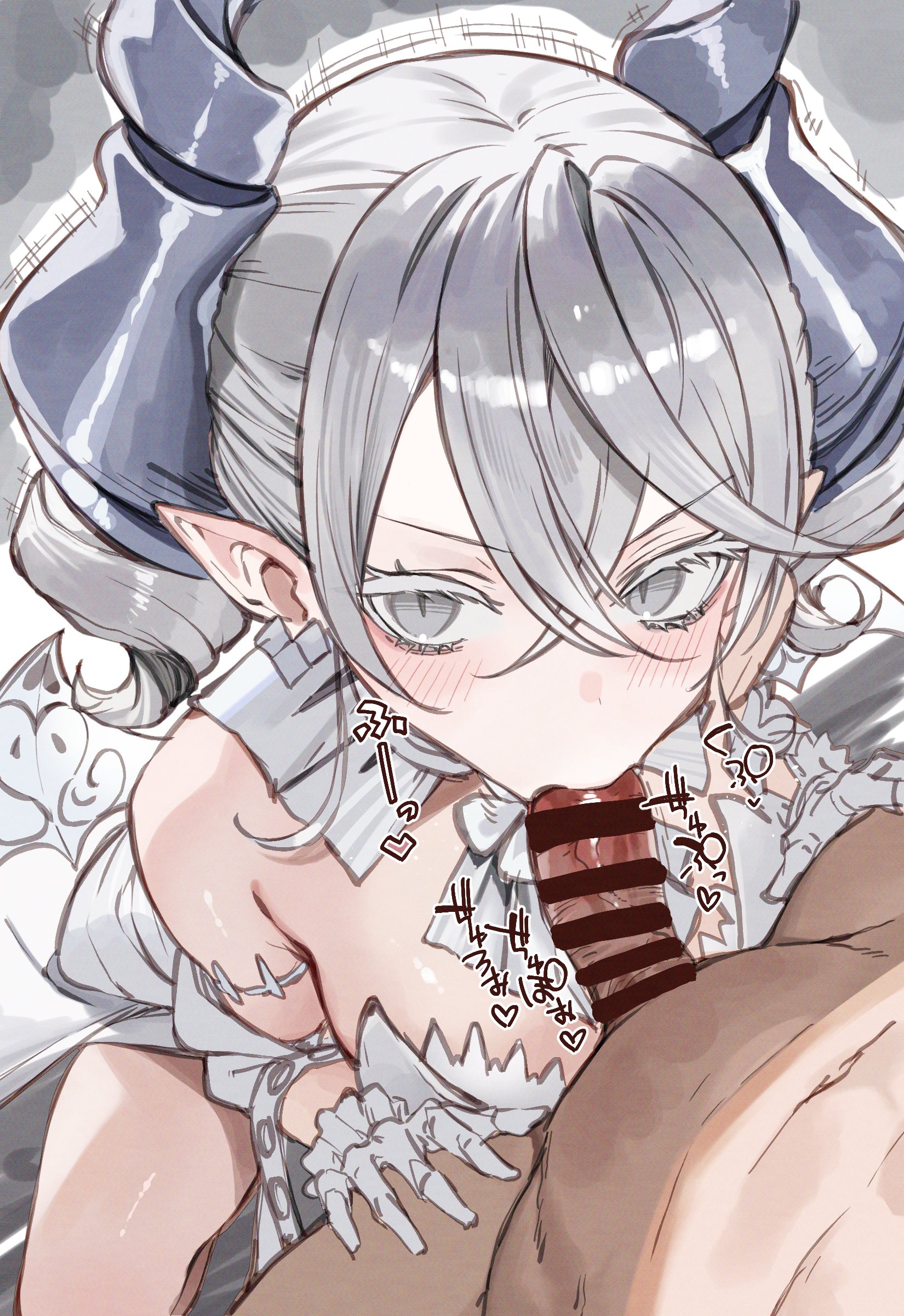 suujiniku, lovely labrynth of the silver castle, yu-gi-oh!, absurdres, highres, 1boy, 1girl, bare shoulders, blush, breasts, colored eyelashes, crossed bangs, demon girl, demon horns, dress, drill hair, duel monster, fellatio, grey eyes, grey hair, grey horns, hair between eyes, hetero, horns, large breasts, looking at viewer, oral, pointy ears, slit pupils, sound effects, twin drills, v-shaped eyebrows, white dress, white hair