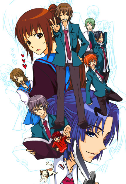 haru (settkaalice), asahina mikuru, asahina mitsuru, asakura ryo, asakura ryoko, kimidori emiri, kimidori emirio, koizumi itsuki, koizumi itsuki (female), kyon, kyon no imouto, kyonko, kyonko's brother, nagato yuki, nagato yuuki, shamisen (suzumiya haruhi), suzumiya haruhi, suzumiya haruhiko, tsuruya, tsuruya-senpai, suzumiya haruhi no yuuutsu, 00s, 2girls, 6+boys, blouse, calico (pattern), calico cat, everyone, genderswap, genderswap (ftm), genderswap (mtf), multiple boys, multiple girls, ponytail, school uniform, serafuku, shirt, white shirt