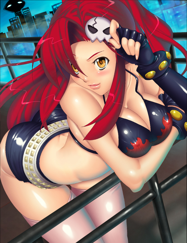 kuma 3, yoko littner, tengen toppa gurren lagann, bad id, bad pixiv id, 00s, 1girl, bikini, bikini top only, black bikini, blush, breasts, breasts squeezed together, cleavage, female focus, gloves, huge breasts, large breasts, long hair, ponytail, red hair, short shorts, shorts, solo, swimsuit, thighhighs, yellow eyes