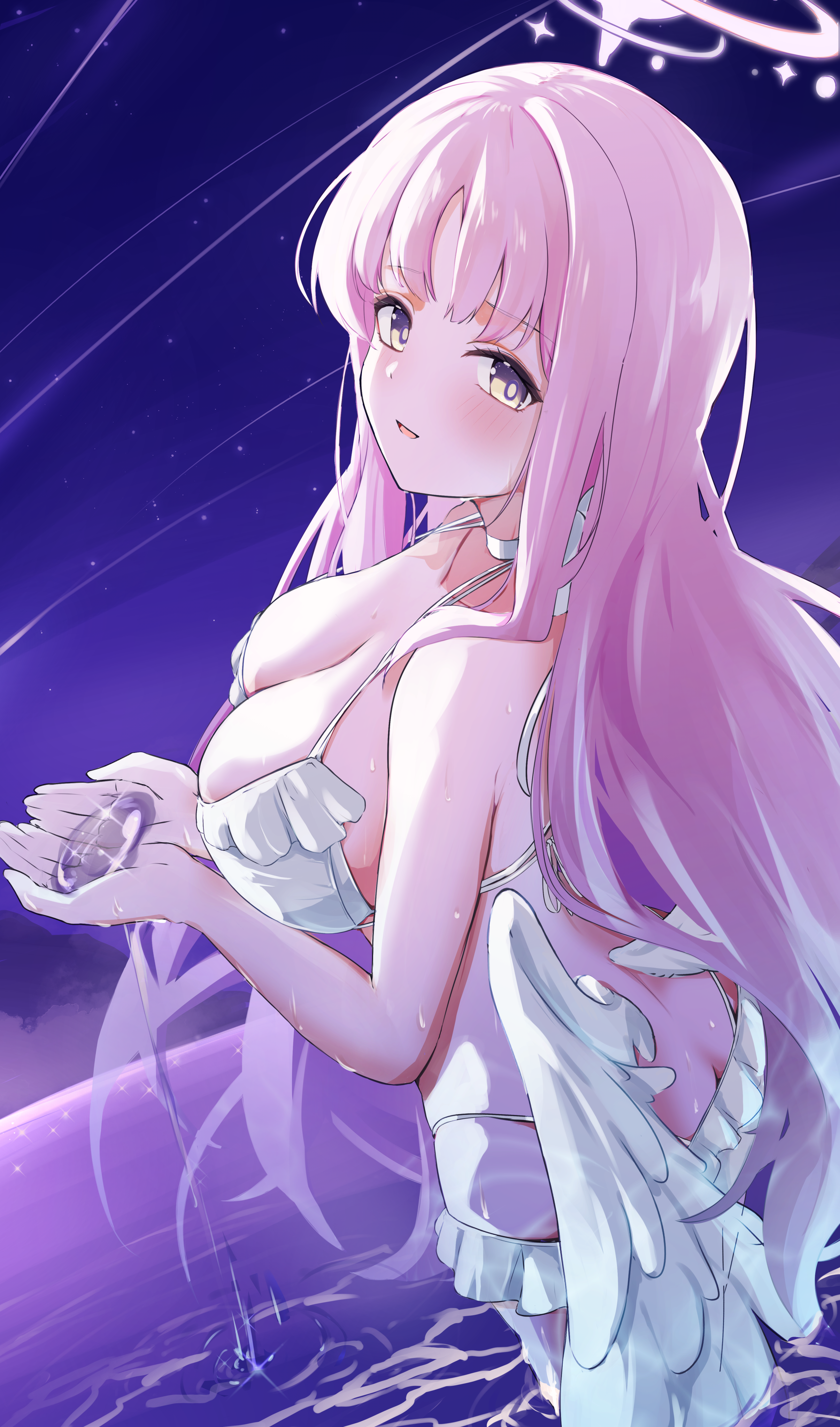 from tonkatu, mika (blue archive), mika (swimsuit) (blue archive), blue archive, absurdres, highres, 1girl, angel wings, bikini, blush, breasts, cleavage, collarbone, feathered wings, frilled bikini, frills, halo, large breasts, long hair, looking at viewer, looking back, low wings, open mouth, pink hair, pink halo, smile, solo, swimsuit, water, white bikini, white wings, wings, yellow eyes