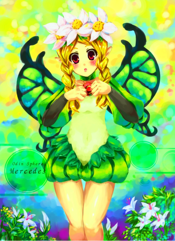 yoshimoto (dear life), mercedes (odin sphere), odin sphere, bad id, bad pixiv id, 1girl, blonde hair, blush, braid, butterfly wings, fairy, female focus, flower, hair flower, hair ornament, head tilt, insect wings, nature, puff and slash sleeves, puffy sleeves, red eyes, shorts, solo, twin braids, white flower, wings