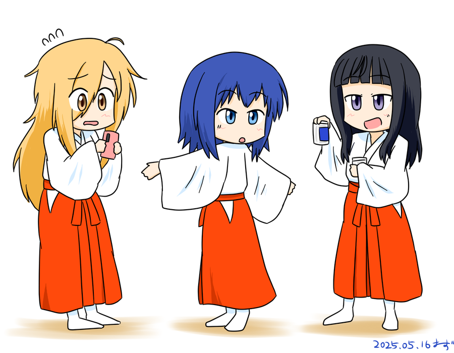 suzugamori chika, zatsu tabi, 3girls, black hair, blue hair, brown hair, japanese clothes, koujiya fuyune, miko, multiple girls, tenkuubashi riri