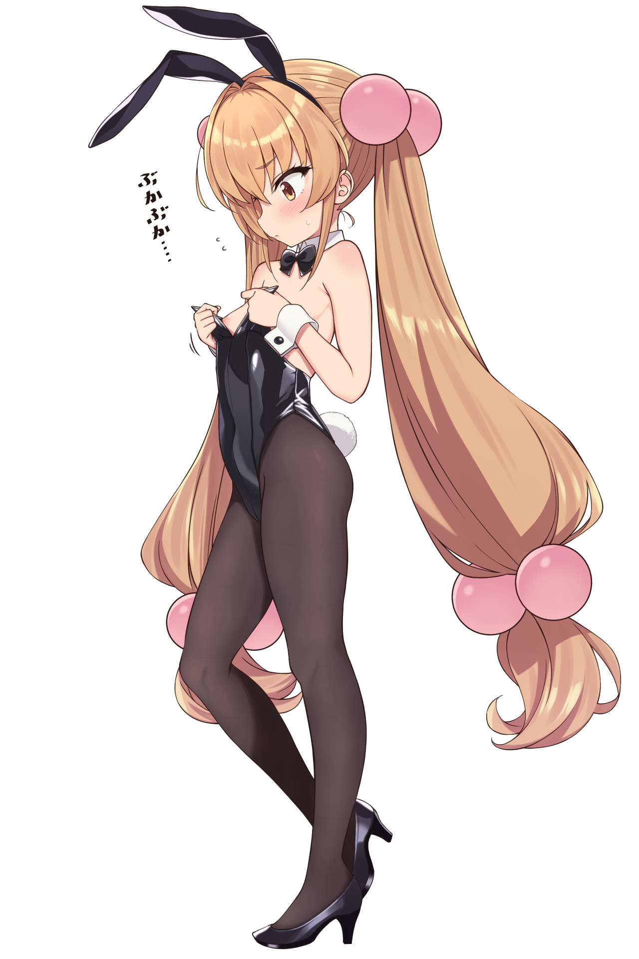 mobukichi, kokonoe rin, kodomo no jikan, commentary request, highres, paid reward available, translation request, 1girl, animal ear hairband, animal ears, ass, black bow, black bowtie, black leotard, black pantyhose, black shoes, bow, bowtie, breasts, brown eyes, brown hair, closed mouth, detached collar, fake animal ears, fake tail, full body, hair ornament, hairband, high heels, highleg, highleg leotard, leotard, long hair, nipples, pantyhose, playboy bunny, rabbit ear hairband, rabbit ears, rabbit tail, shoes, simple background, small breasts, solo, sphere hair ornament, strapless, strapless leotard, tail, twintails, very long hair, white background, wrist cuffs