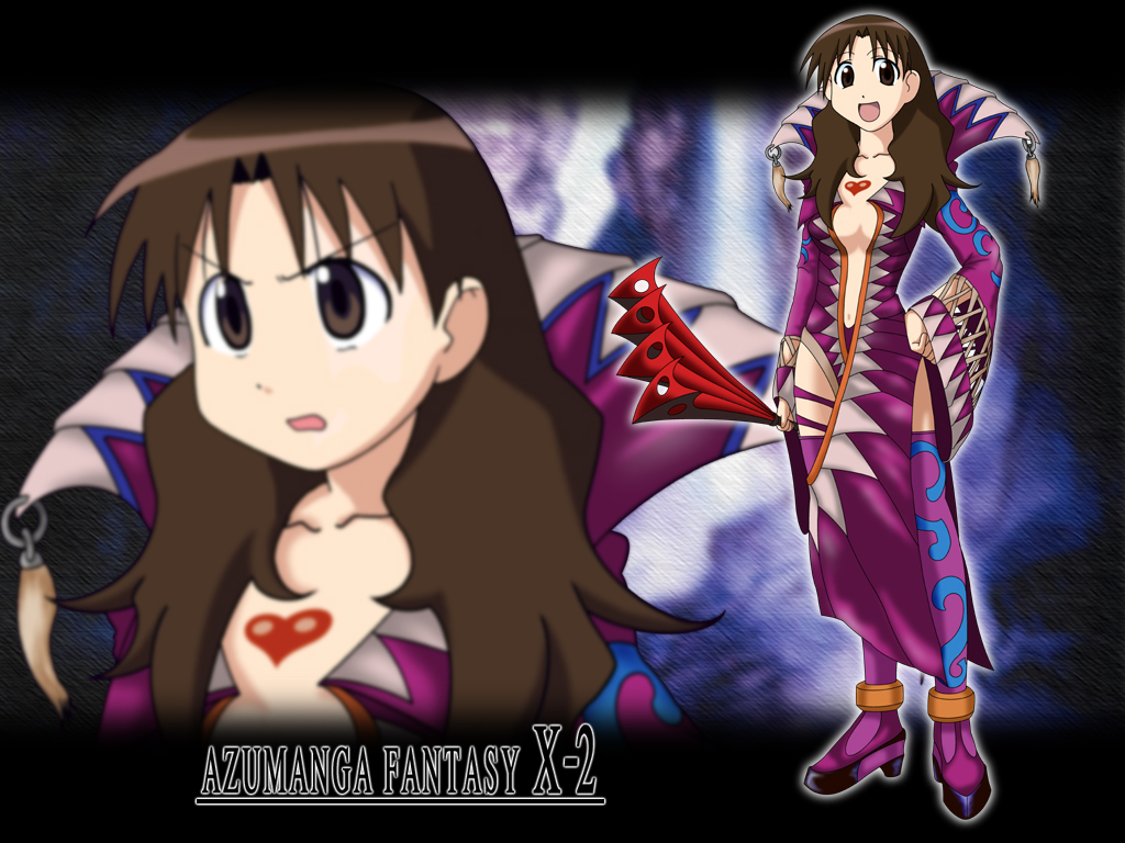 niinii, leblanc, leblanc (ff10), tanizaki yukari, azufan, azumanga daiou, final fantasy, final fantasy x, final fantasy x-2, non-web source, 1girl, boots, brown eyes, brown hair, cosplay, crossover, female focus, leblanc (cosplay), leblanc (ff10) (cosplay), parody, purple boots, solo, trait connection, zoom layer