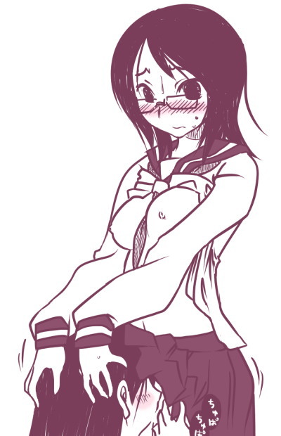 fujiyoshi harumi, kitsu chiri, sayonara zetsubou sensei, 00s, 2girls, blush, breasts, clothes lift, covered erect nipples, cunnilingus, female focus, glasses, hand on another's head, monochrome, multiple girls, nipples, oral, raised eyebrows, school uniform, serafuku, skirt, skirt lift, standing, standing cunnilingus, yuri