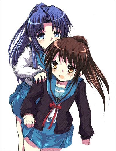asakura ryoko, kyon, kyonko, suzumiya haruhi no yuuutsu, non-web source, 00s, 2girls, cardigan, genderswap, genderswap (mtf), multiple girls, ponytail, school uniform, serafuku