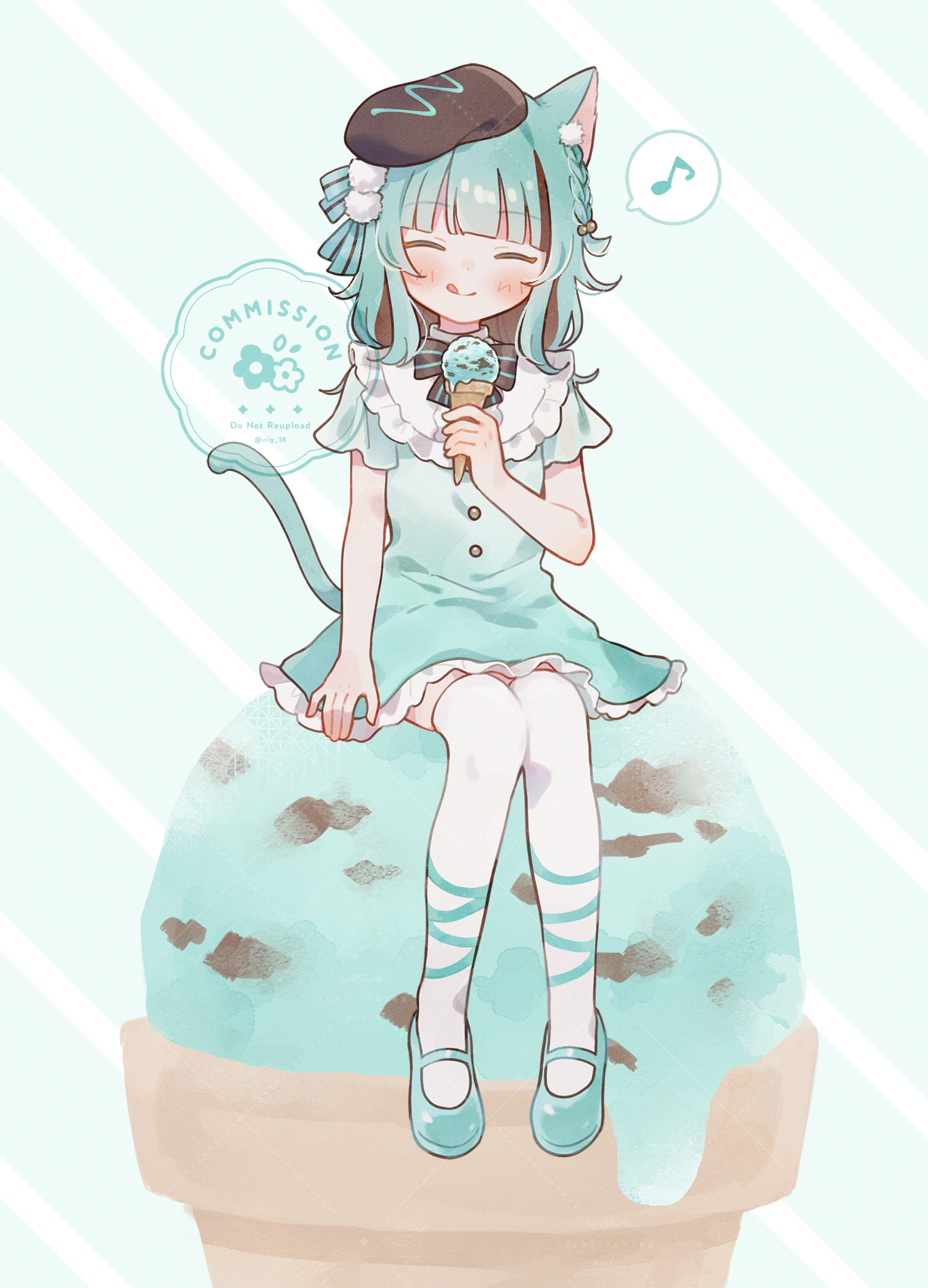nig 18, original, commentary request, commission, highres, skeb commission, 1girl, animal ears, aqua dress, aqua hair, aqua shoes, beret, black bow, black bowtie, black hat, blunt bangs, bow, bowtie, brown hair, cat ears, cat girl, cat tail, closed eyes, closed mouth, colored inner hair, dress, facing viewer, food, hair ornament, hat, holding, holding food, holding ice cream, ice cream, licking lips, light blush, mary janes, medium hair, mint chocolate, multicolored hair, musical note, pom pom (clothes), pom pom hair ornament, shoes, sitting, solo, spoken musical note, striped bow, striped bowtie, striped clothes, tail, thighhighs, tongue, tongue out, watermark, white thighhighs