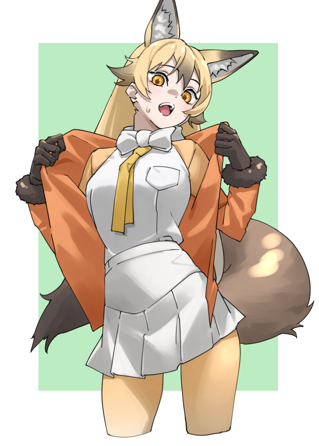tanabe (fueisei), ezo red fox (kemono friends), kemono friends, commentary, highres, 1girl, animal ear fluff, animal ears, black gloves, blonde hair, bow, bowtie, brown tail, extra ears, fox ears, fox girl, fox tail, from below, fur-trimmed sleeves, fur trim, gloves, gradient pantyhose, jacket, long hair, long sleeves, looking at viewer, miniskirt, necktie, open mouth, opened by self, orange jacket, pantyhose, pleated skirt, simple background, skirt, soles, solo, tail, two-tone pantyhose, white background, white bow, white bowtie, white pantyhose, white skirt, yellow necktie, yellow pantyhose