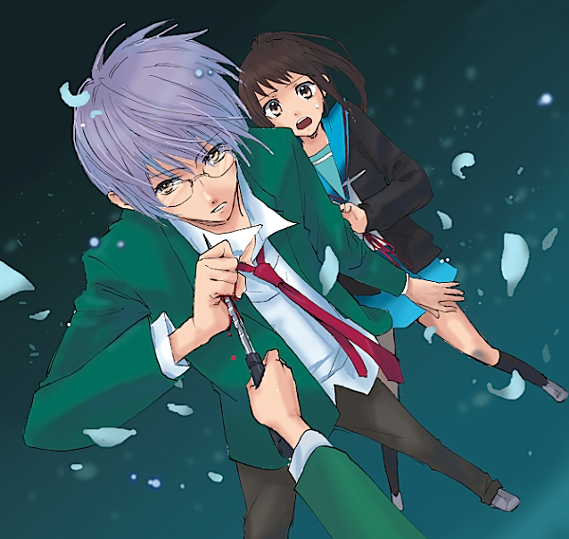 junnari, kyon, kyonko, nagato yuki, nagato yuuki, suzumiya haruhi no yuuutsu, 00s, 1boy, 1girl, blood, genderswap, genderswap (ftm), genderswap (mtf), kneehighs, ponytail, school uniform, serafuku, socks