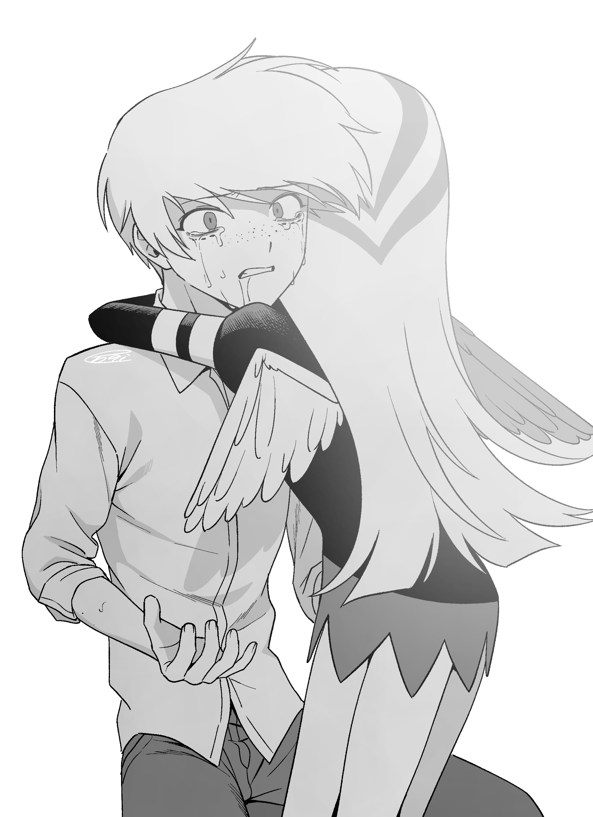 menma (enaic31), angel dust, molly (hazbin hotel), hazbin hotel, hellaverse, absurdres, commentary request, highres, 1boy, 1girl, brother and sister, clenched teeth, collared shirt, cowboy shot, crying, crying with eyes open, dress, extra legs, feathered wings, fingernails, freckles, frilled dress, frills, greyscale, humanization, juliet sleeves, long hair, long sleeves, looking ahead, monochrome, pants, puffy sleeves, saliva, shirt, short dress, siblings, simple background, sitting, standing, tears, teeth, three-quarter sleeves, very long hair, white background, wings