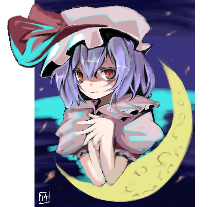 take tonbo, remilia scarlet, touhou, light purple hair, 1girl, collar, crescent, expressionless, female focus, frills, hat, hat ribbon, looking at viewer, mob cap, own hands together, pillarboxed, puffy short sleeves, puffy sleeves, red eyes, ribbon, shaded face, short sleeves, solo, upper body