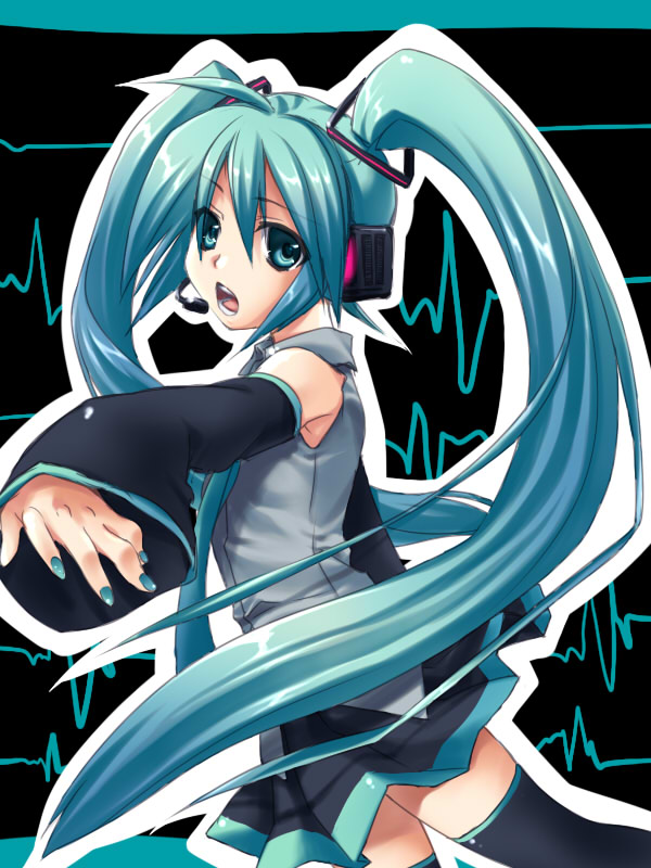 satomi yoshitaka, hatsune miku, vocaloid, bad id, bad pixiv id, aqua hair, detached sleeves, headset, long hair, nail polish, thighhighs, twintails, very long hair