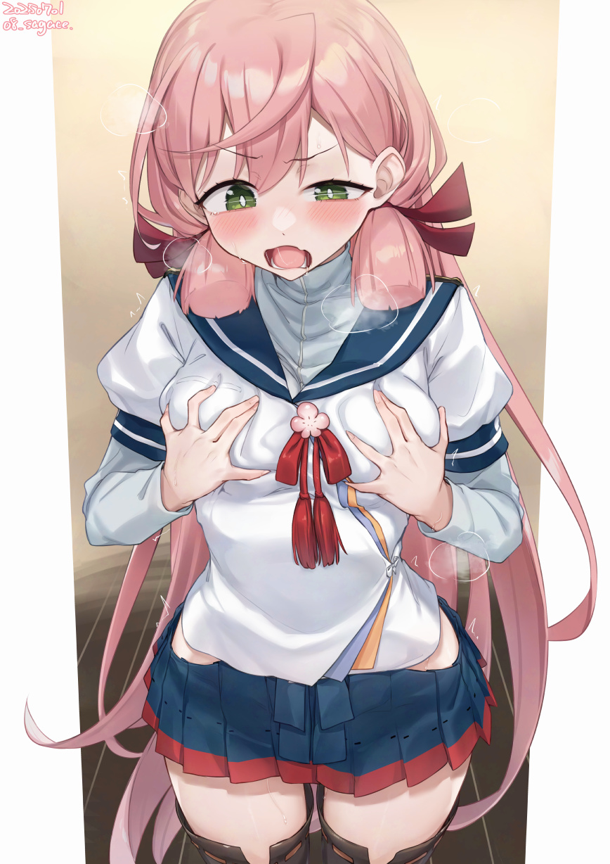 sagace, akashi (kancolle), kantai collection, commentary request, commission, highres, paid reward available, skeb commission, 1girl, blue skirt, breasts, clothing cutout, grabbing own breast, green eyes, hair ribbon, hip vent, long hair, long sleeves, open mouth, pink hair, pleated skirt, ribbon, school uniform, serafuku, skirt, solo, thighhighs