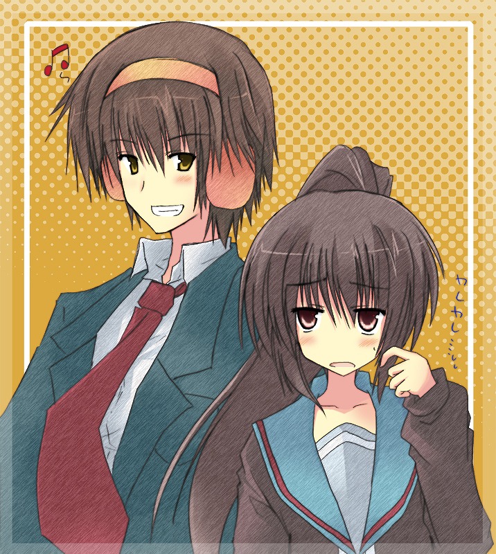 akane souichi, kyon, kyonko, suzumiya haruhi, suzumiya haruhiko, suzumiya haruhi no yuuutsu, 00s, 1boy, 1girl, :d, beamed quavers, blazer, brown eyes, brown hair, collar, collarbone, genderswap, genderswap (ftm), genderswap (mtf), grin, jacket, long sleeves, looking at viewer, looking to the side, musical note, necktie, open mouth, ponytail, red necktie, sailor collar, school uniform, scratching cheek, serafuku, simple background, smile, teeth, yellow background