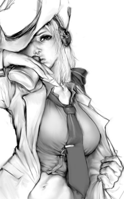 hanakabu, yowane haku, vocaloid, 1girl, breasts, drink, female focus, greyscale, hat, monochrome, necktie, open clothes, open shirt, shirt, simple background, solo