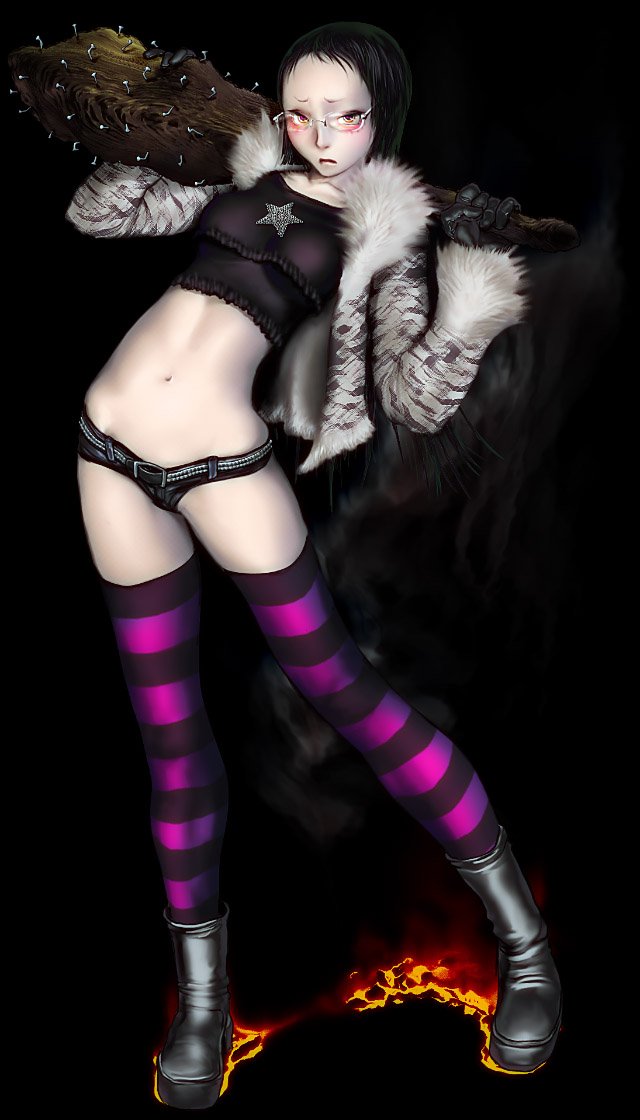 hanakabu, blush, club (weapon), glasses, solo, striped clothes, striped thighhighs, thighhighs, weapon