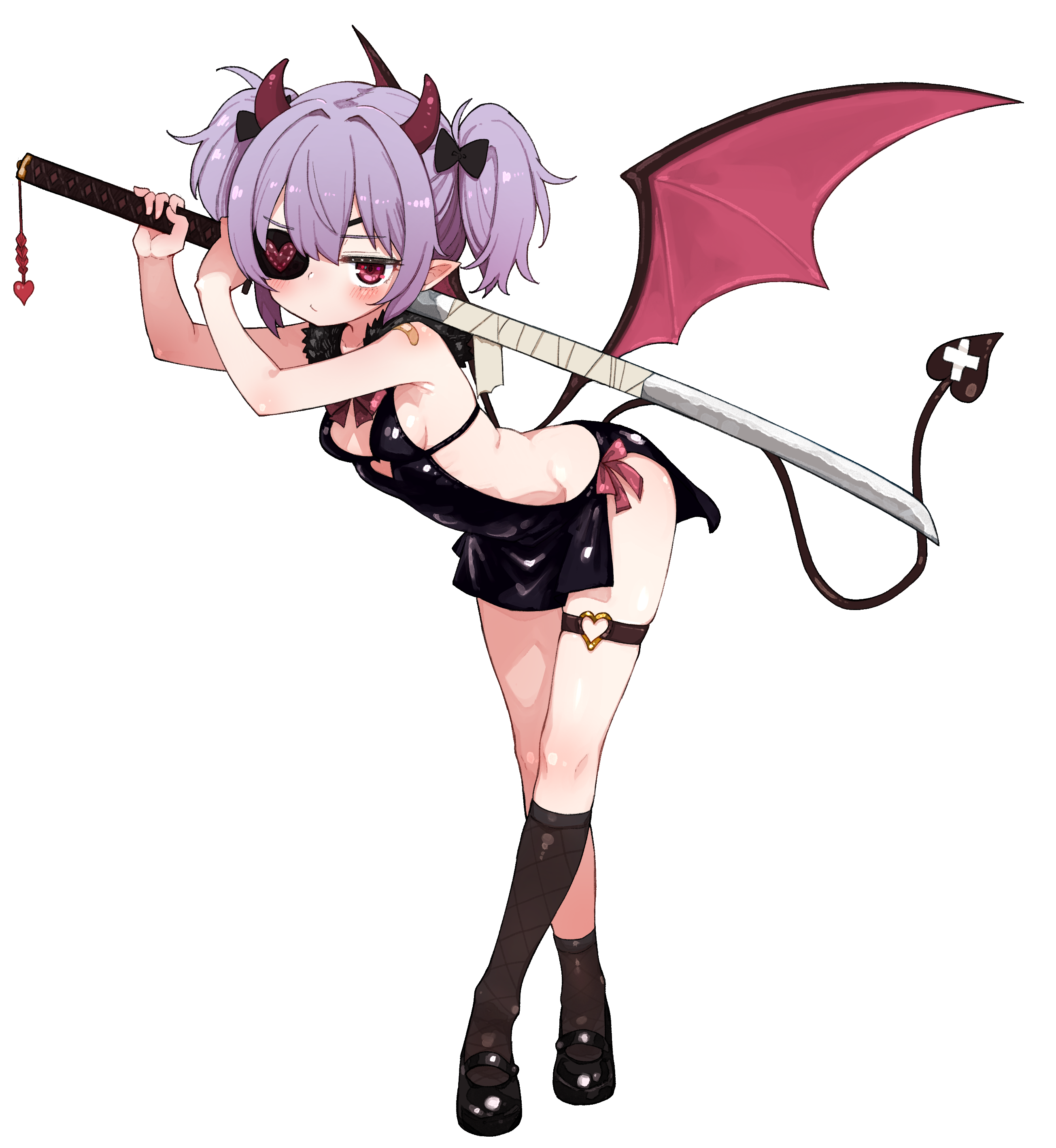 komodj, original, absurdres, highres, 1girl, bandaid, bandaid on shoulder, bandaid on tail, black bow, black dress, black shoes, black socks, black tail, blush, bow, breasts, closed mouth, demon girl, demon tail, demon wings, dress, eyepatch, full body, hair bow, heart, heart o-ring, holding, holding sword, holding weapon, horns, katana, leaning forward, mismatched socks, o-ring, o-ring thigh strap, pointy ears, purple eyes, purple hair, red horns, red wings, shoes, short hair, sideless dress, simple background, small breasts, socks, solo, sword, tail, thigh strap, transparent background, twintails, weapon, wings