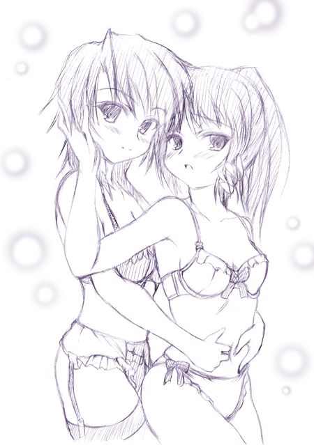 johnny (from scratch), koizumi itsuki, koizumi itsuki (female), kyon, kyonko, suzumiya haruhi no yuuutsu, gender request, 00s, 2girls, blush, bra, flat chest, from behind, garter belt, genderswap, hug, lingerie, monochrome, multiple girls, panties, ponytail, purple theme, short hair, side-tie panties, smile, underwear, underwear only, yuri