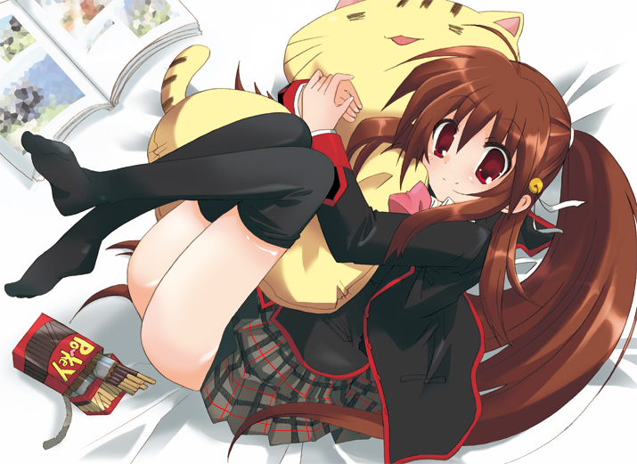 hizuki yayoi, natsume rin, little busters!, food, no panties, pocky, solo, stuffed animal, stuffed toy, thighhighs