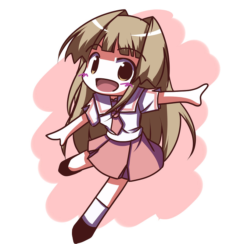 fictional sister, seto sun, seto no hanayome, 00s, 1girl, blunt bangs, chibi, female focus, full body, kneehighs, loafers, looking at viewer, necktie, outstretched arm, outstretched arms, pleated skirt, red necktie, red skirt, shoes, short sleeves, simple background, skirt, socks, solo, white background, white socks