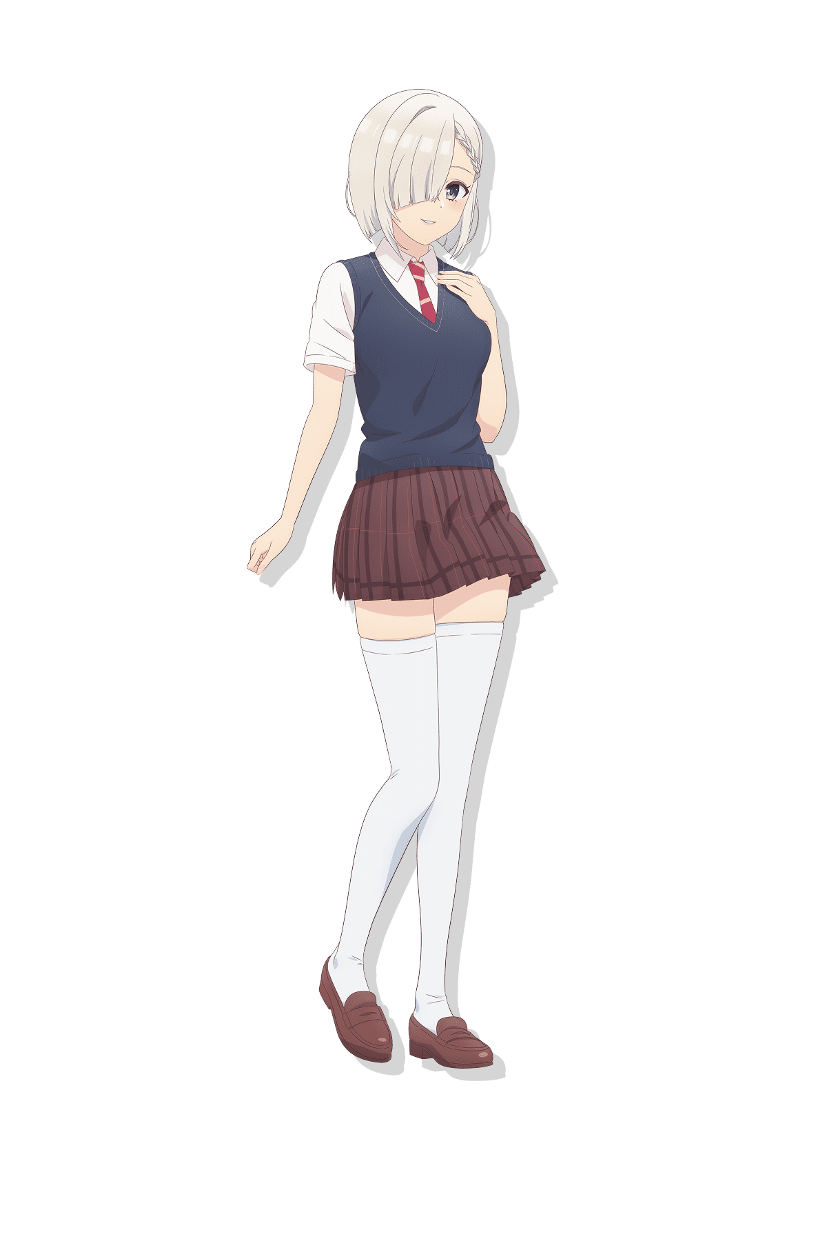 satou katsuyuki, tsukinomori mashiro, tomodachi no imouto ga ore ni dake uzai, highres, official art, 1girl, anime coloring, blue sweater vest, blush, braid, breasts, brown shoes, clenched hand, collared shirt, diagonal-striped clothes, diagonal-striped necktie, full body, grey eyes, grey hair, hair over one eye, hand on own chest, hand up, large breasts, loafers, looking at viewer, necktie, open mouth, parted lips, plaid clothes, plaid skirt, pleated skirt, red necktie, school uniform, shirt, shoes, short hair, simple background, skirt, smile, solo, standing, striped clothes, sweater vest, tachi-e, teeth, thighhighs, thighs, transparent background, white thighhighs