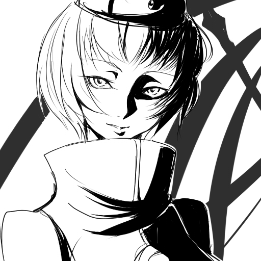 nana g, elizabeth (persona), atlus, persona, persona 3, 1girl, bare shoulders, female focus, greyscale, hat, monochrome, short hair, sleeveless, smile, solo