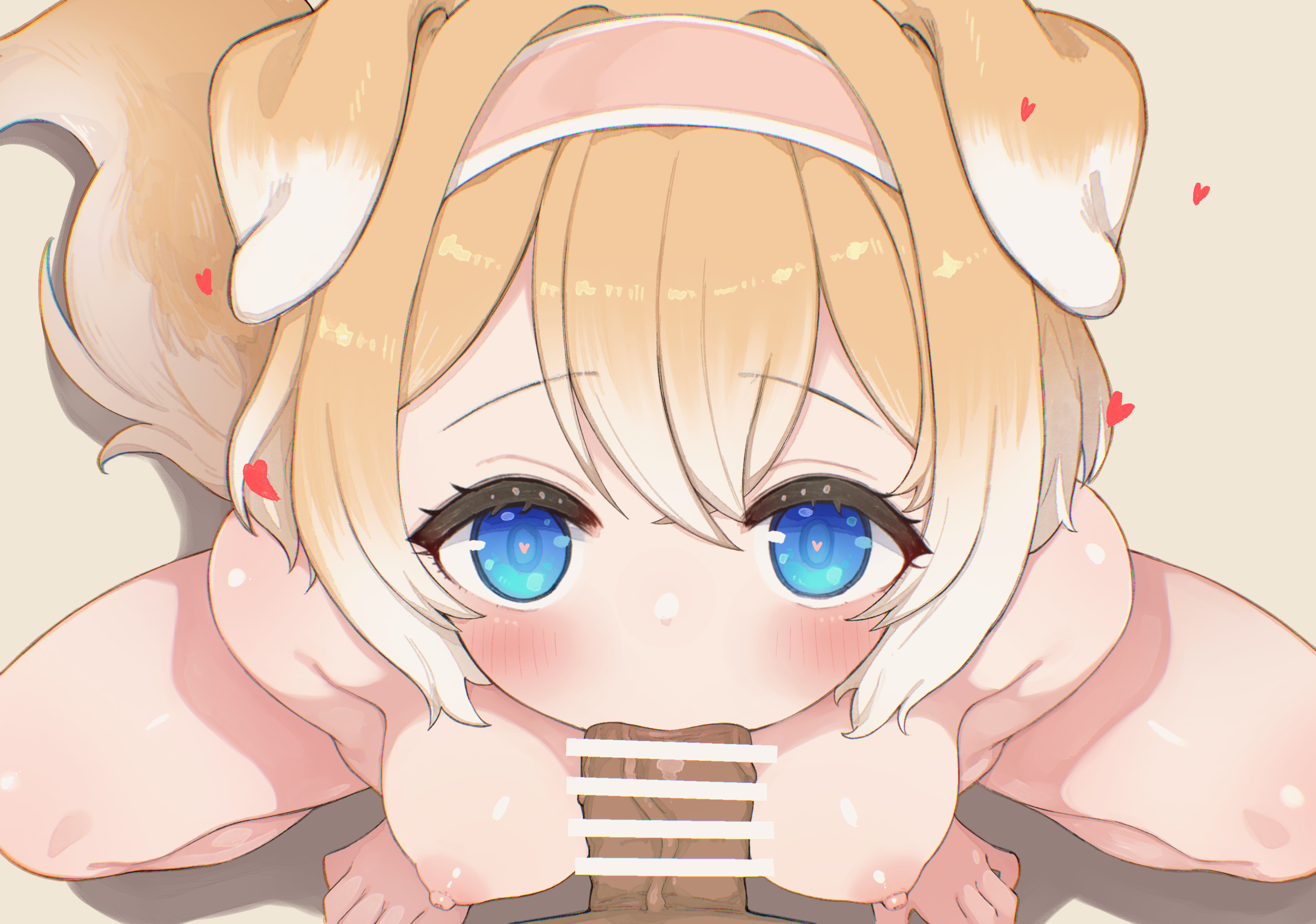 komodj, character request, commentary request, commission, copyright request, highres, skeb commission, 1boy, 1girl, animal ears, bar censor, blonde hair, blue eyes, breasts, censored, dog ears, fellatio, hairband, heart, heart-shaped pupils, hetero, looking at viewer, nipples, nude, oral, penis, pov, solo focus, symbol-shaped pupils, tail
