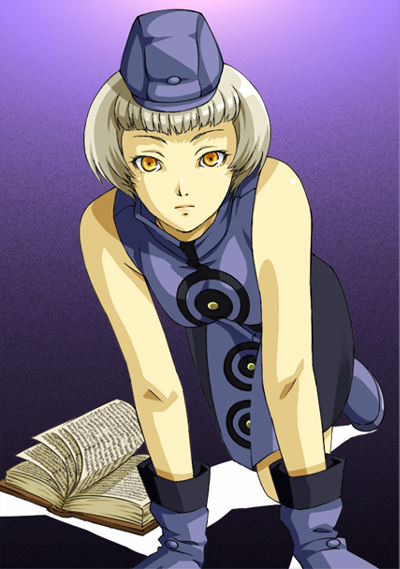 wankoro mochi, elizabeth (persona), atlus, persona, persona 3, bad id, bad pixiv id, 1girl, female focus, hat, no legwear, solo, white hair
