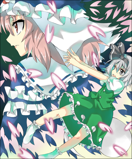 shingetsu takehito, konpaku youmu, konpaku youmu (ghost), saigyouji yuyuko, touhou, frilled legwear, silver hair, bad id, 2girls, arm garter, black hairband, black ribbon, blue hat, bobby socks, buttons, closed mouth, falling, female focus, frilled skirt, frills, ghost, green skirt, green vest, grey eyes, hair over one eye, hair ribbon, hairband, hat, hitodama, legs apart, multiple girls, no shoes, open mouth, outstretched arm, panties, petals, pink eyes, pink hair, puffy short sleeves, puffy sleeves, raised eyebrows, red eyes, ribbon, shirt, short hair, short sleeves, skirt, socks, sweatdrop, tsurime, underwear, veil, vest, white panties, white shirt