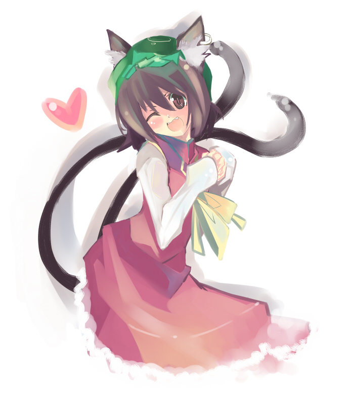 kanikama, chen, touhou, 1girl, :d, animal ears, brown eyes, brown hair, cat ears, cat girl, cat tail, earrings, fang, female focus, hat, heart, jewelry, looking at viewer, multiple tails, one eye closed, open mouth, short hair, simple background, single earring, smile, solo, tail, wink