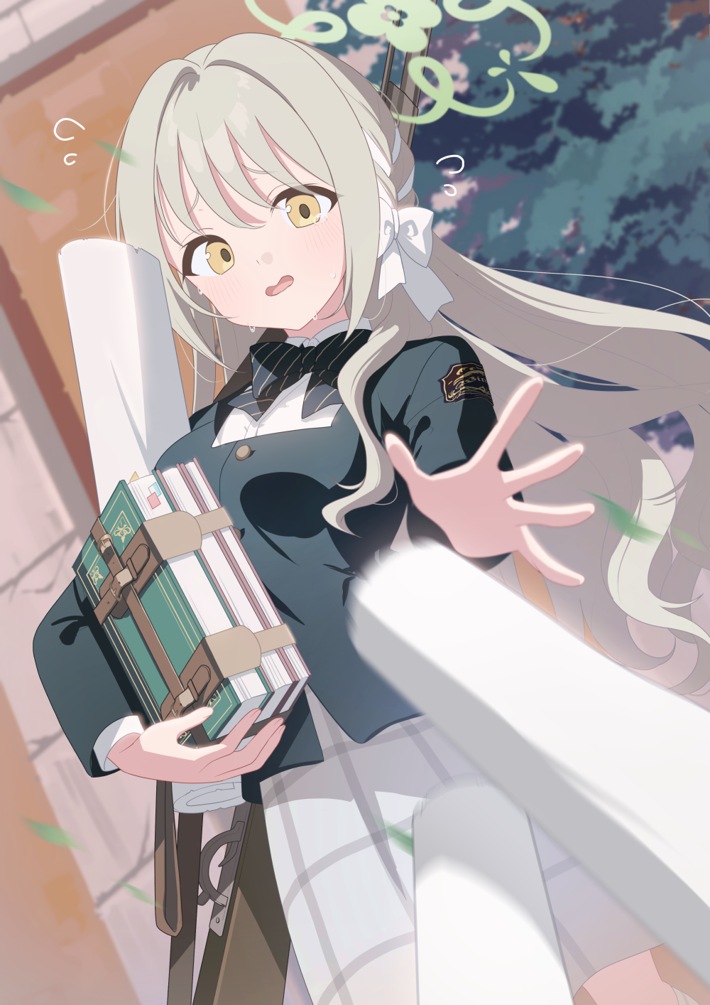 kaerunrun, miyo (blue archive), blue archive, commentary request, highres, 1girl, black bow, black bowtie, black jacket, book, bow, bowtie, braid, collared shirt, flying sweatdrops, green halo, grey hair, hair bow, halo, holding, holding book, jacket, layered sleeves, long hair, long sleeves, open mouth, shirt, skirt, solo, very long hair, white bow, white shirt, white skirt, yellow eyes