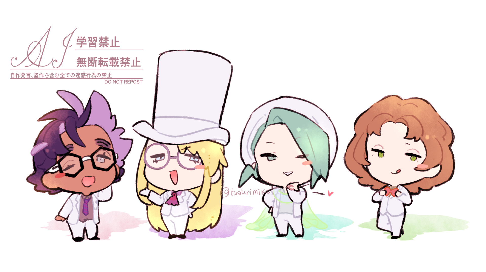 tudurimike, avery (pokemon), burgh (pokemon), jacq (pokemon), wallace (pokemon), nintendo, pokemon, pokemon bw, pokemon rse, pokemon sv, pokemon swsh, commentary request, highres, 4boys, :d, ;d, alternate costume, black shoes, blonde hair, brown hair, chibi, chibi only, glasses, green eyes, green hair, hat, jacket, male focus, multiple boys, necktie, one eye closed, open mouth, pants, purple hair, purple necktie, round eyewear, shoes, smile, standing, top hat, white hat, white jacket, white pants