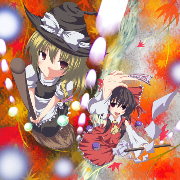 niyadepa, hakurei reimu, kirisame marisa, touhou, 2girls, :d, apron, black dress, blonde hair, brown eyes, brown hair, danmaku, dress, female focus, gohei, hat, holding, looking at viewer, looking back, multiple girls, open mouth, outstretched arm, puffy short sleeves, puffy sleeves, red eyes, ribbon-trimmed sleeves, ribbon trim, short sleeves, smile, stick, waist apron, witch hat