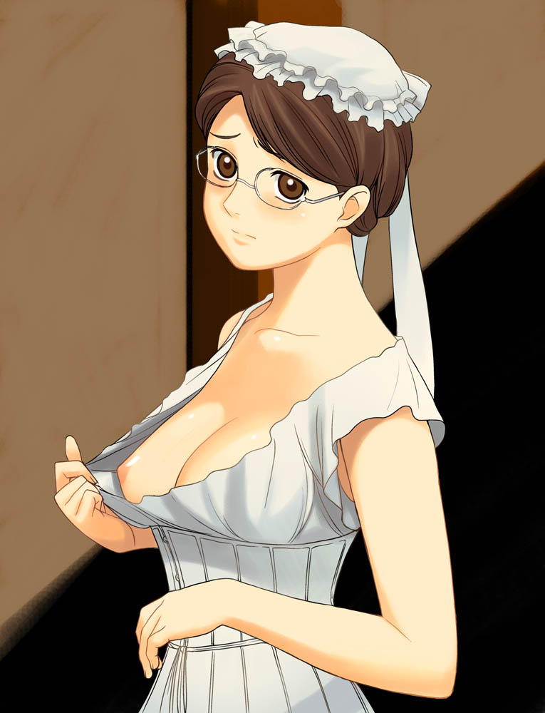 a1 (initial-g), emma, emma (victorian romance emma), victorian romance emma, 00s, 1girl, breast slip, breasts, brown eyes, brown hair, camisole, corset, cover, downblouse, female focus, glasses, hair bun, large breasts, nipples, one breast out, single hair bun, solo