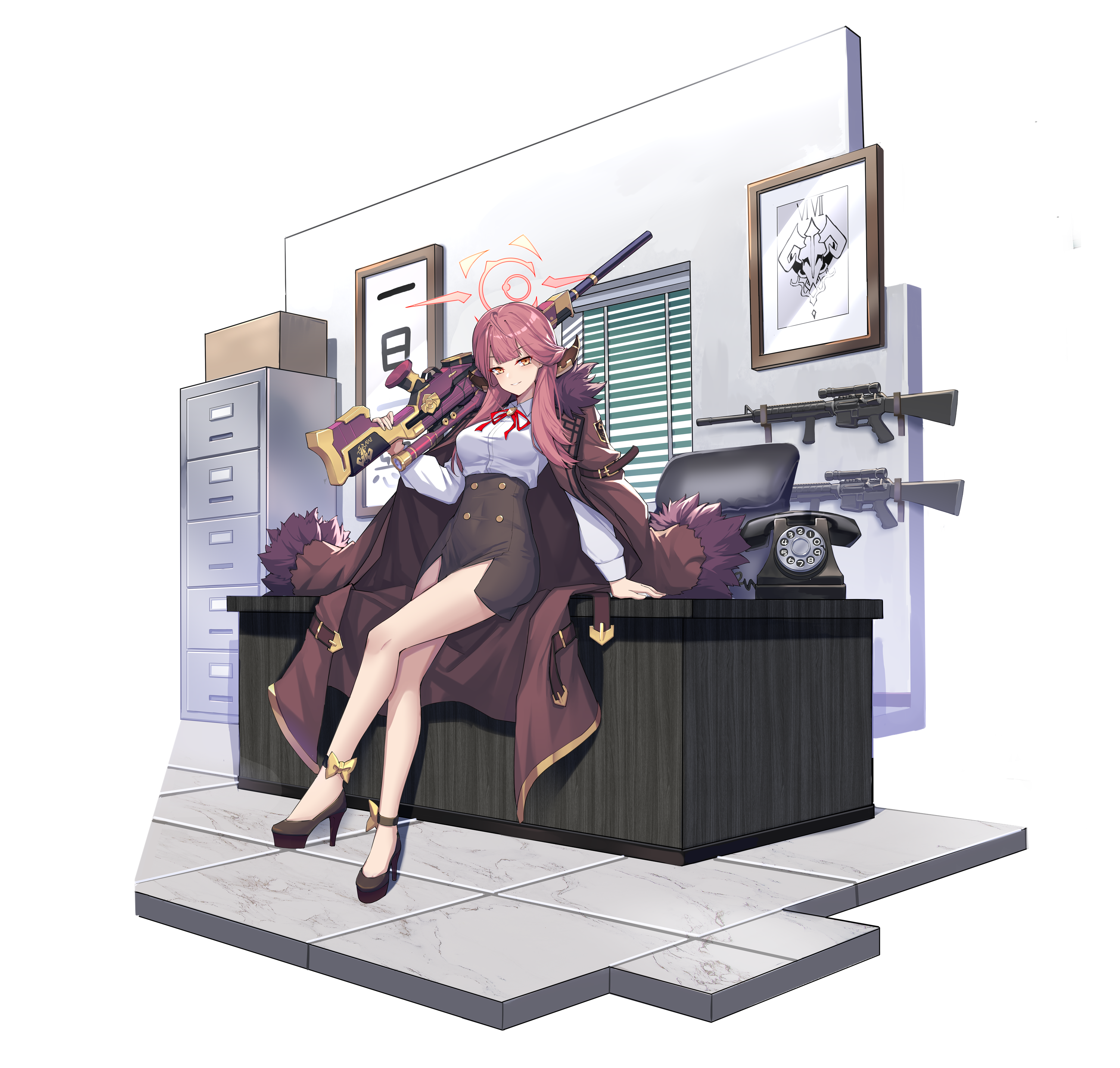 shaoxiao, aru (blue archive), blue archive, absurdres, commentary, highres, 1girl, antique phone, black shoes, black skirt, brown coat, coat, collared shirt, crossed legs, drawer, full body, gun, halo, high heels, holding, holding gun, holding weapon, long hair, long sleeves, looking at viewer, miniskirt, neck ribbon, open clothes, open coat, parted lips, phone, pink hair, pink halo, red ribbon, ribbon, rotary phone, shirt, shoes, sitting, skirt, solo, weapon, white shirt, yellow eyes