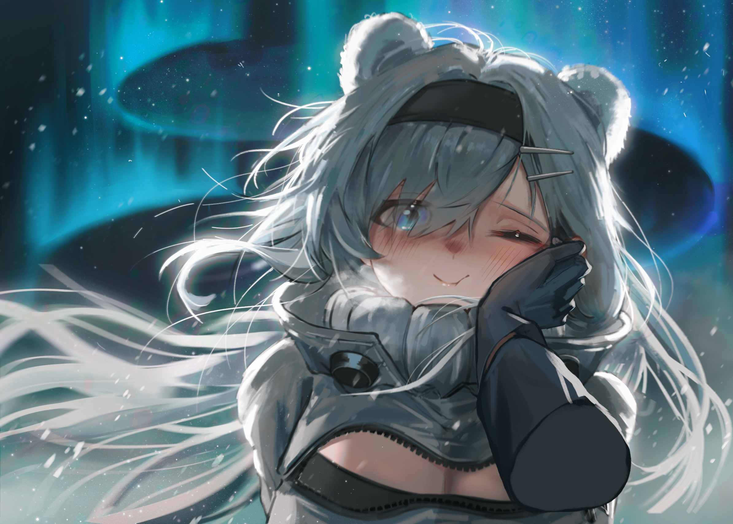 kirihara aki, aurora (arknights), arknights, highres, 1girl, animal ears, arms up, aurora, bear ears, black thighhighs, blue eyes, breasts, cleavage, cleavage cutout, clothing cutout, crop top, cropped jacket, eyes visible through hair, gloves, hair over one eye, hairband, head tilt, jacket, large breasts, long hair, long sleeves, looking at viewer, looking up, midriff, one eye closed, pouch, sky, solo, standing, star (sky), thighhighs, very long hair, white hair, white jacket
