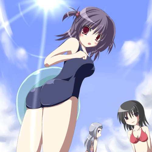 niyadepa, asakaze risa, hanabishi miki, segawa izumi, hayate no gotoku!, lowres, 00s, 3girls, bikini, day, multiple girls, one-piece swimsuit, school swimsuit, swimsuit