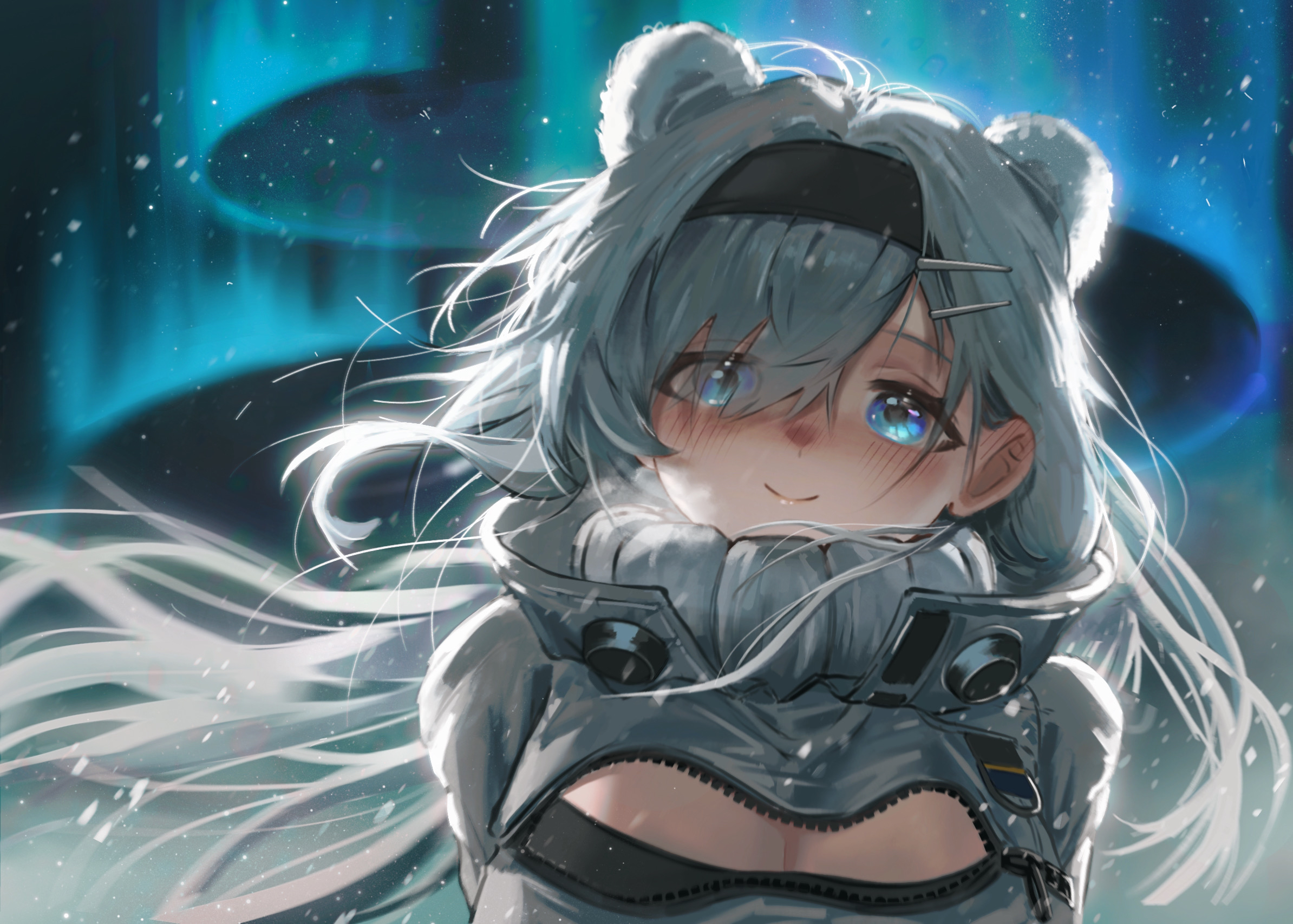 kirihara aki, aurora (arknights), arknights, highres, 1girl, animal ears, aurora, bear ears, black thighhighs, blue eyes, breasts, cleavage, cleavage cutout, clothing cutout, crop top, cropped jacket, eyes visible through hair, gloves, hair over one eye, hairband, head tilt, jacket, large breasts, long hair, long sleeves, looking at viewer, looking up, midriff, pouch, sky, snow, snowing, solo, standing, star (sky), thighhighs, very long hair, white hair, white jacket