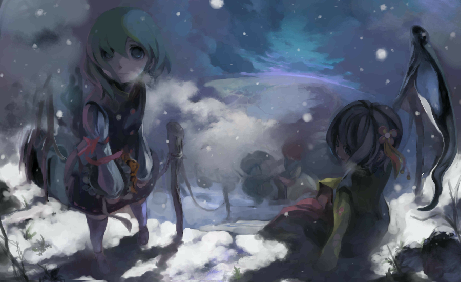 hieda no akyuu, onozuka komachi, shiki eiki, perfect memento in strict sense, touhou, 3girls, creepy, female focus, heida no akyuu, horror (theme), multiple girls, outdoors, scythe, sitting, snow, spread legs, standing