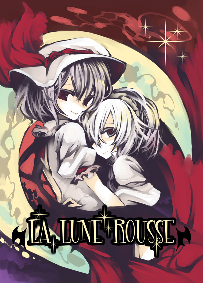 k (li), izayoi sakuya, remilia scarlet, touhou, silver hair, bad id, bad pixiv id, 2girls, blue dress, closed mouth, crescent, dress, female focus, frills, looking at viewer, maid headdress, multiple girls, puffy short sleeves, puffy sleeves, red eyes, short sleeves, smile, upper body, white dress